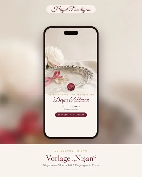 Instagram-Beitrag: Verlobungsvorlage „Nişan“ mit Pfingstrosen und Ringen in Creme