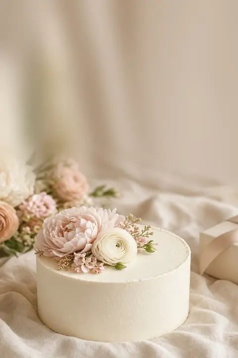 Vorlage Geburtstag · Creme: Creme-Torte, Pastellblumen und Geschenkband: eine elegante Einladung zum runden Geburtstag.