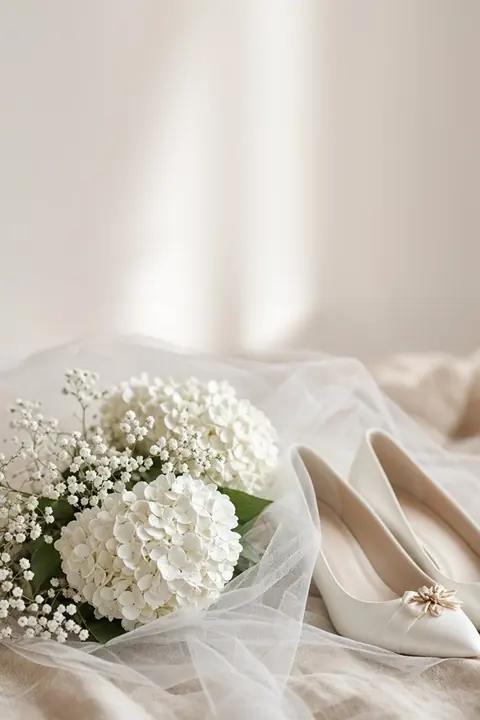 Vorlage Hortensie: Weiße Hortensien, Brautschleier und Brautschuhe: klassisch, hell und festlich. Zweisprachig Türkisch und Deutsch.