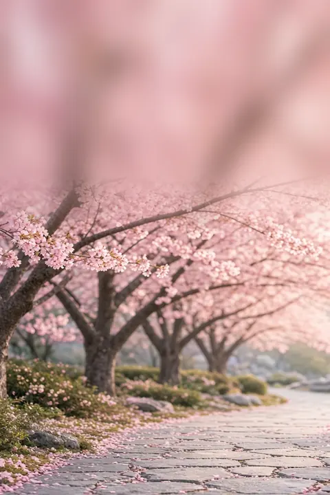 Vorlage Kirschblüte: Ein Gartenweg unter blühenden Kirschbäumen, zart in Rosa und Salbeigrün.