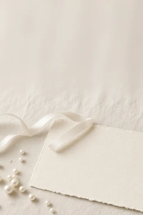 Vorlage Perle & Büttenkarte: Lose Perlen, Büttenkarte und Seidenband: eine ruhige, minimalistische Hochzeitseinladung.