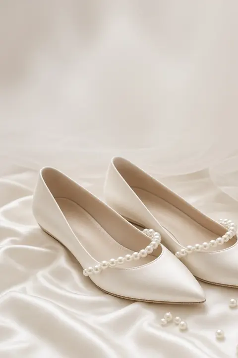 Vorlage Perlenschuhe: Brautballerinas mit Perlen und Schleier auf weißer Seide: leicht und verspielt-elegant.