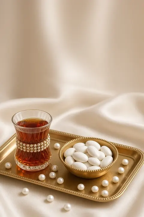 Vorlage Perle & Çay: Goldtablett mit Teeglas, Badem şekeri und Perlen: wie gemacht für Söz und Nişan. Zweisprachig Türkisch und Deutsch.